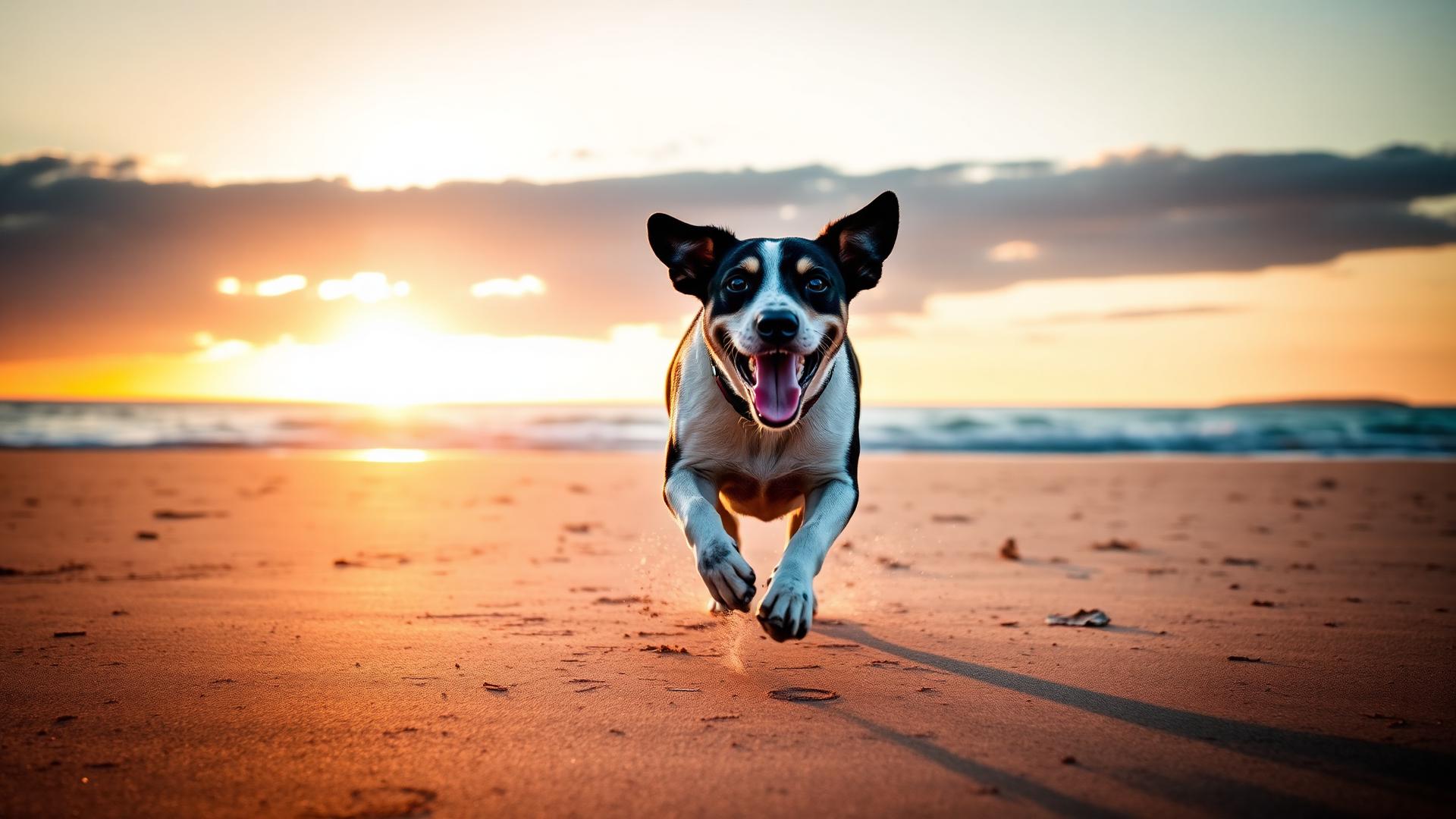 A rescued dog running freely on a Cyprus beach at sunset
