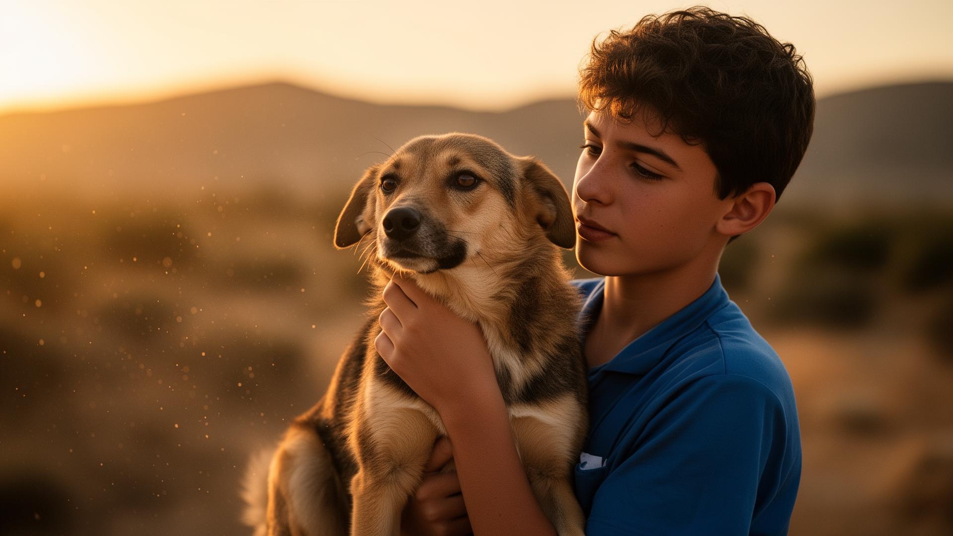 A young volunteer holding a rescued dog at golden hour in Cyprus